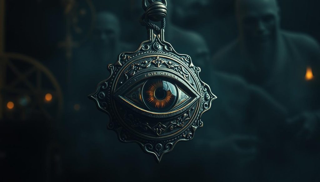 A detailed close-up of an ornate, ancient-looking eye amulet with a dark, hypnotic gaze, surrounded by intricate patterns and symbols in a moody, atmospheric setting. The amulet is suspended in a dim, moody light, casting an ominous, foreboding presence. The background is shrouded in mystery, with hints of shadowy figures or supernatural elements hinting at the mystical and enigmatic nature of the "mal ojo" or "evil eye" concept. The overall mood is one of occult power, mysticism, and a sense of the unseen forces at work.