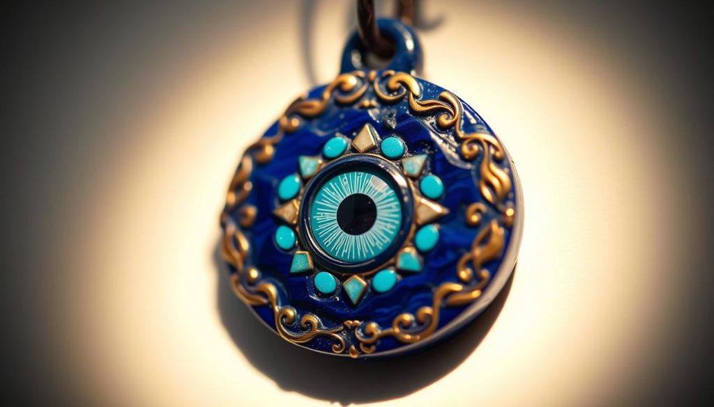A detailed close-up portrait of a traditional Turkish evil eye amulet, illuminated by soft, diffused lighting from the side. The amulet is carved from lapis lazuli, with intricate inlaid patterns of gold and turquoise, reflecting the rich cultural heritage and symbolism of the "mal ojo" belief. The eye in the center has a piercing, hypnotic gaze, conveying the power and protection associated with this ancient talisman. The image is framed tightly, emphasizing the ornate craftsmanship and the captivating, mystical essence of this revered cultural object. A detailed close-up portrait of a traditional Turkish evil eye amulet, illuminated by soft, diffused lighting from the side. The amulet is carved from lapis lazuli, with intricate inlaid patterns of gold and turquoise, reflecting the rich cultural heritage and symbolism of the "mal ojo" belief. The eye in the center has a piercing, hypnotic gaze, conveying the power and protection associated with this ancient talisman. The image is framed tightly, emphasizing the ornate craftsmanship and the captivating, mystical essence of this revered cultural object.