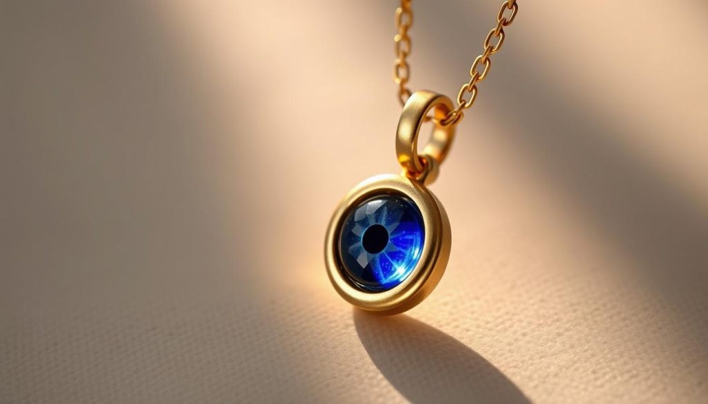 A detailed, close-up shot of a Turkish evil eye pendant, also known as "ojo turco". The pendant features a deep blue eye-shaped gem, delicately encircled by a shimmering gold or brass setting. The pendant is suspended from a thin, elegant chain, catching the soft, directional lighting. The lighting casts warm highlights on the metal, while the eye gem glimmers with an almost hypnotic, protective energy. The background is a simple, neutral tone, allowing the pendant to be the focal point, radiating a sense of timeless, sophisticated style.
