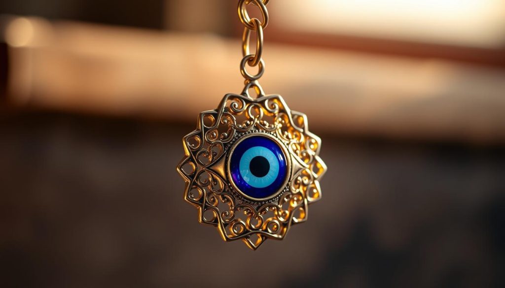 A detailed close-up shot of a delicate Turkish eye talisman pendant, illuminated by warm natural light. The intricate design features a bold central eye symbol, framed by ornate metallic filigree in a crescent moon shape. The pendant glistens against a softly blurred background, creating a sense of depth and focus on the mesmerizing eye motif. The overall composition conveys a mystical, protective energy, evoking the symbolic meaning of the Turkish evil eye charm as a bringer of good fortune.