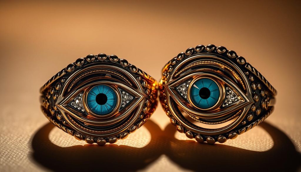 A detailed close-up shot of two Turkish evil eye rings, one crafted in gleaming 24k gold and the other in shimmering sterling silver. The rings are positioned side by side, highlighting the contrasting metallic finishes and the intricate, mystical eye symbol at the center of each piece. Dramatic low-angle lighting casts dramatic shadows, emphasizing the dimensional details and the mesmerizing, protective aura of the traditional Turkish amulets. The rings are set against a muted, warm-toned background that enhances the luxurious, elegant aesthetic. The image conveys a sense of cultural heritage, spiritual significance, and the versatility of these timeless accessories.