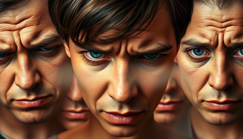 A detailed close-up view of common symptoms and signs associated with "mal de ojo" or "evil eye". The foreground depicts an array of human facial expressions conveying unease, discomfort, and distress - furrowed brows, squinting eyes, pallid complexion. The middle ground highlights physical manifestations like headaches, rashes, and digestive issues. In the background, an ambiguous mystical aura emanates, hinting at the supernatural nature of this condition. Soft, warm lighting casts an ominous glow, creating an atmosphere of subtle dread. The overall composition captures the unsettling and unexplained nature of "mal de ojo" symptoms.