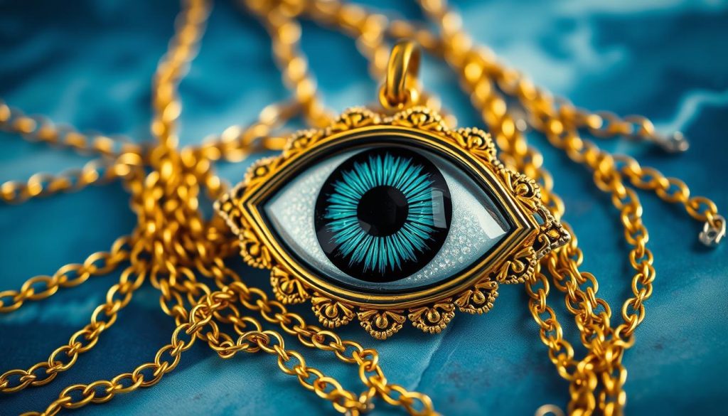 A detailed, exquisitely crafted Turkish evil eye amulet, resting on a layered backdrop of shimmering golden chains, intricate metalwork, and a rich, azure-tinted sky. The eye itself, rendered in vivid shades of blue, green, and black, gleams with an otherworldly luminescence, its gaze both captivating and protective. The composition is balanced, with the amulet positioned centrally, framed by delicate golden filigree and complemented by the soft, diffused lighting. The overall atmosphere is one of elegance, mysticism, and a sense of guarded, subtle power. A detailed, exquisitely crafted Turkish evil eye amulet, resting on a layered backdrop of shimmering golden chains, intricate metalwork, and a rich, azure-tinted sky. The eye itself, rendered in vivid shades of blue, green, and black, gleams with an otherworldly luminescence, its gaze both captivating and protective. The composition is balanced, with the amulet positioned centrally, framed by delicate golden filigree and complemented by the soft, diffused lighting. The overall atmosphere is one of elegance, mysticism, and a sense of guarded, subtle power.