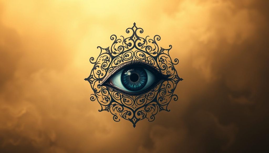 A detailed eye surrounded by intricate swirling patterns, symbolizing the mystical "mal ojo" or "evil eye" of Quranic lore. The eye appears to float in a hazy, atmospheric background, illuminated by a soft, warm light that casts gentle shadows. The composition evokes a sense of calm, contemplation, and spiritual protection, in line with the section title "Cómo protegerte paso a paso, con calma y constancia". The image should convey the essence of this ancient cultural belief without overt symbolism or text.