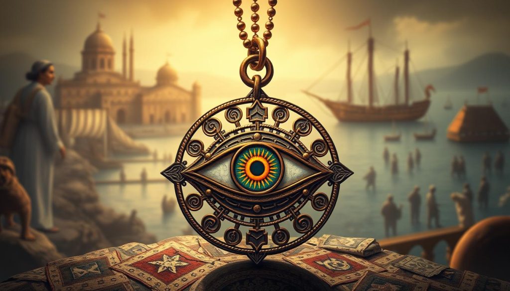 A detailed, intricate illustration of a "historia ojo turco" (Turkish eye) amulet. In the foreground, the eye-shaped pendant is rendered in rich, vibrant colors, with delicate patterns and symbols radiating outwards. The middle ground showcases the ancient Mediterranean origins of this talisman, with a hazy backdrop of architecture, ships, and people from that era. Soft, dramatic lighting casts an ethereal, mystical glow over the scene, evoking the spiritual significance of the Turkish eye in its historical context. The overall mood is one of cultural heritage, tradition, and the enduring power of this protective symbol.