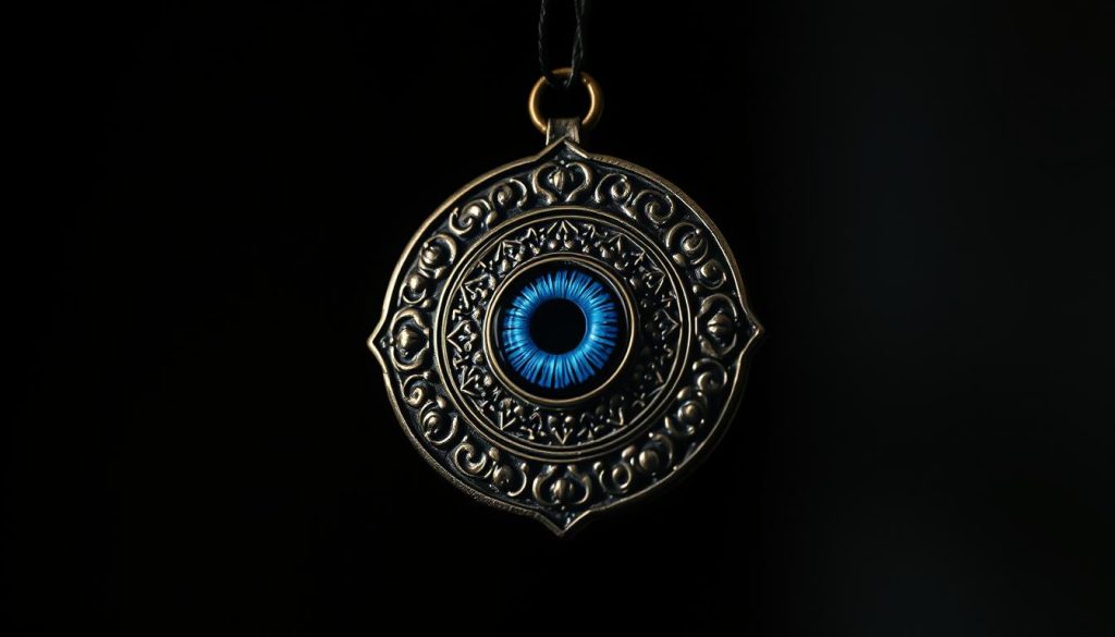 A detailed, intricately patterned "ojo turco" amulet, also known as a "nazar," floating against a dimly lit, shadowy background. The amulet's central eye is rendered in rich, vivid tones of blue, surrounded by ornate concentric circles and intricate geometric designs in shades of silver, gold, and black. Soft, dramatic lighting casts dramatic shadows, creating a sense of depth and mysticism. The overall mood is one of contemplation, superstition, and the power of cultural beliefs.