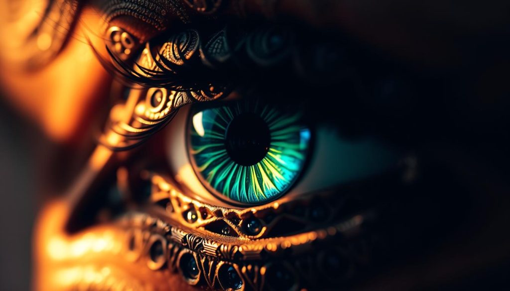 A detailed, mesmerizing close-up of a vibrant, intricate "ojo turco" (Turkish eye) symbol. The eye design is rendered with striking precision, showcasing a rich blend of blues, greens, and golds that create a captivating, otherworldly pattern. The image has a moody, mystical atmosphere, bathed in warm, directional lighting that casts dramatic shadows and highlights the textural details of the eye motif. The composition draws the viewer's gaze inward, inviting contemplation of the deep cultural symbolism and protective powers associated with this ancient, visually striking talisman. A detailed, mesmerizing close-up of a vibrant, intricate "ojo turco" (Turkish eye) symbol. The eye design is rendered with striking precision, showcasing a rich blend of blues, greens, and golds that create a captivating, otherworldly pattern. The image has a moody, mystical atmosphere, bathed in warm, directional lighting that casts dramatic shadows and highlights the textural details of the eye motif. The composition draws the viewer's gaze inward, inviting contemplation of the deep cultural symbolism and protective powers associated with this ancient, visually striking talisman.