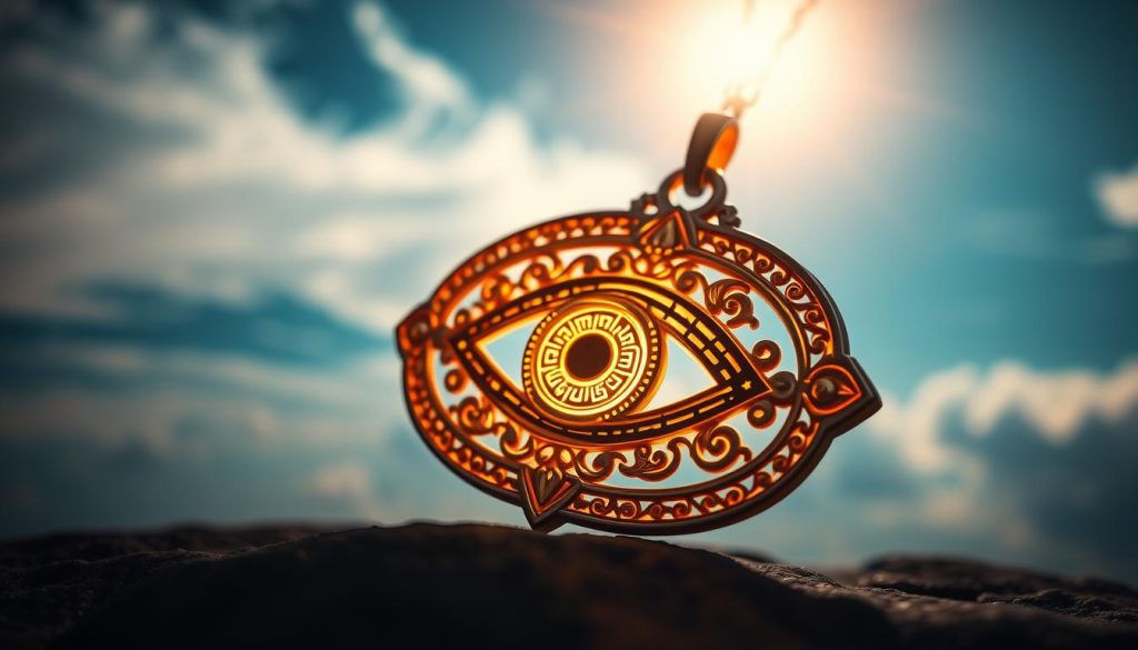 A detailed, ornate eye-shaped amulet with intricate patterns and symbols, glowing with a warm, golden light. The amulet is set against a serene, azure sky with wispy clouds, casting a soft, benevolent glow over the scene. The background is subtly blurred, drawing the viewer's focus to the central, mystical eye design. The overall mood is one of spiritual contemplation and protective, divine energy.