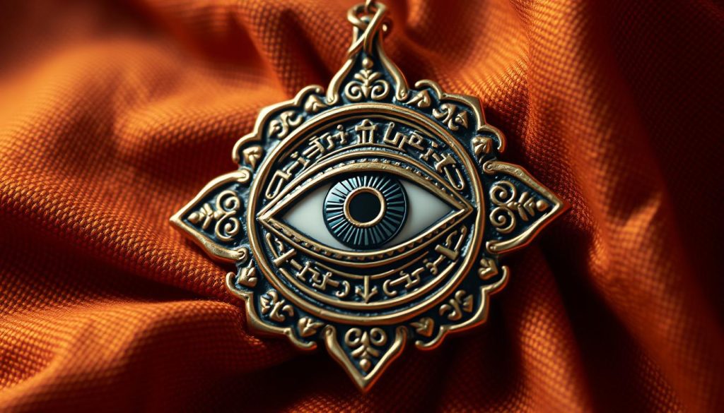 A detailed, ornately decorated Turkish amulet in the shape of an eye, rendered in a realistic style. The centerpiece is a large, piercing eye with intricate patterns and symbols radiating outward, surrounded by a gilded, filigree-like border. The background is a rich, warm-toned fabric or textile, hinting at the cultural significance and traditional origins of this apotropaic charm. Lighting is soft and diffuse, emphasizing the delicate textures and intricate details of the amulet. The composition is balanced and centered, showcasing the eye-shaped talisman as the focal point.