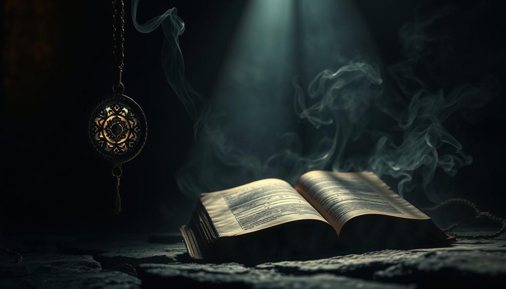 A dimly lit ancient chamber, the air thick with mysticism. In the foreground, a weathered amulet dangles, its intricate designs casting an ethereal glow. Surrounding it, ethereal wisps of smoke curl and dissipate, hinting at protective rituals of old. In the middle ground, a weathered tome lies open, its pages illuminated by the amulet's radiance, revealing arcane symbols and incantations. The background is shrouded in shadow, save for a single beam of light that pierces through, casting an ominous yet mesmerizing atmosphere. The scene evokes a sense of timeless mystery, a tangible connection to the beliefs and practices that have endured through the ages.