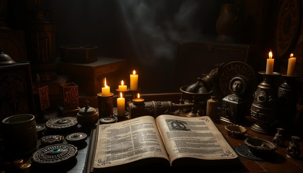 A dimly lit ceremonial chamber, shrouded in the mystic shadows of antiquity. In the foreground, a collection of ancient talismans, amulets, and artifacts, each imbued with the potent symbolism of the "mal ojo" - the evil eye. Soft, flickering candlelight casts a warm, otherworldly glow, illuminating intricate carvings and inscriptions that hint at the rich cultural heritage and timeless beliefs surrounding this enduring superstition. In the middle ground, a tattered tome lies open, its weathered pages revealing arcane illustrations and passages that document the evolution of this folkloric tradition across diverse civilizations. The background fades into a hazy, dreamlike realm, suggesting the enduring power and mystique of this enduring cultural phenomenon.
