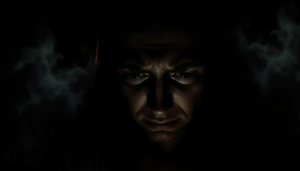 A dimly lit, mystical scene depicting the physical and psychological symptoms associated with the "mal de ojo" or "evil eye" curse. In the foreground, a person's face shows signs of distress, with sunken eyes, pale skin, and a pained expression. Their gaze is averted, conveying a sense of unease and vulnerability. In the middle ground, subtle supernatural elements emerge, such as swirling mists and faint spectral shapes, hinting at the unseen forces at play. The background is shrouded in shadows, creating an atmosphere of uncertainty and the unknown. Dramatic chiaroscuro lighting casts dramatic shadows, heightening the sense of foreboding and the weight of the curse. The overall tone is one of unease, discomfort, and the struggle to comprehend the physical and psychological manifestations of this ancient, deeply rooted superstition.