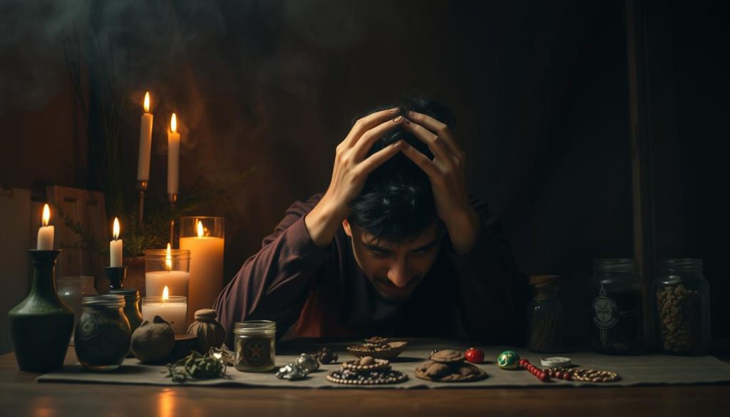 A dimly lit room with a figure suffering from the effects of the evil eye. In the foreground, a person clutches their head in pain, their face contorted with distress. The middle ground features various folk remedies and talismans associated with the belief, such as candles, herbs, and amulets. The background is shrouded in a mysterious, otherworldly haze, evoking the superstitious nature of the subject. Soft, dramatic lighting casts dramatic shadows, heightening the sense of unease. The overall mood is one of mysticism, discomfort, and the power of traditional folk beliefs.