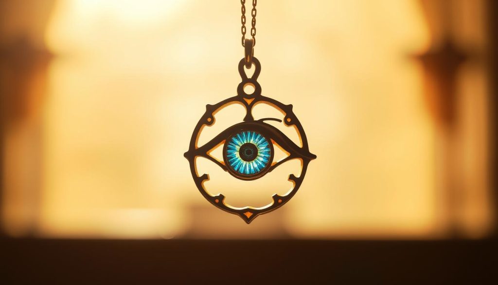 A finely crafted Turkish eye pendant, suspended against a luminous backdrop. The pendant's intricate details are illuminated by warm, directional lighting, casting gentle shadows that accentuate its elegant curves and vibrant colors. The eye symbol, a revered talisman, is rendered with precision, its mesmerizing gaze drawing the viewer's attention. The composition is balanced, with the pendant occupying the foreground, framed by a soft, hazy middle ground and a subtly blurred, ethereal background, creating a sense of depth and focus. This image captures the essence of the product's benefits - its beauty, durability, and the rich cultural symbolism it embodies. A finely crafted Turkish eye pendant, suspended against a luminous backdrop. The pendant's intricate details are illuminated by warm, directional lighting, casting gentle shadows that accentuate its elegant curves and vibrant colors. The eye symbol, a revered talisman, is rendered with precision, its mesmerizing gaze drawing the viewer's attention. The composition is balanced, with the pendant occupying the foreground, framed by a soft, hazy middle ground and a subtly blurred, ethereal background, creating a sense of depth and focus. This image captures the essence of the product's benefits - its beauty, durability, and the rich cultural symbolism it embodies.