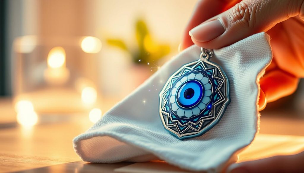 A hand delicately cleansing a Turkish evil eye amulet with a soft cloth, the amulet's intricate blue and white design glowing softly under warm, natural lighting. The amulet is positioned prominently in the foreground, with a soothing, calming atmosphere surrounding it. The background is blurred, emphasizing the ritual of caring for this sacred talisman. Subtle sparks of energy emanate from the amulet, signifying its activation and readiness to protect the home. This image conveys the importance of maintaining and honoring the Turkish evil eye amulet as a symbol of safeguarding one's abode.