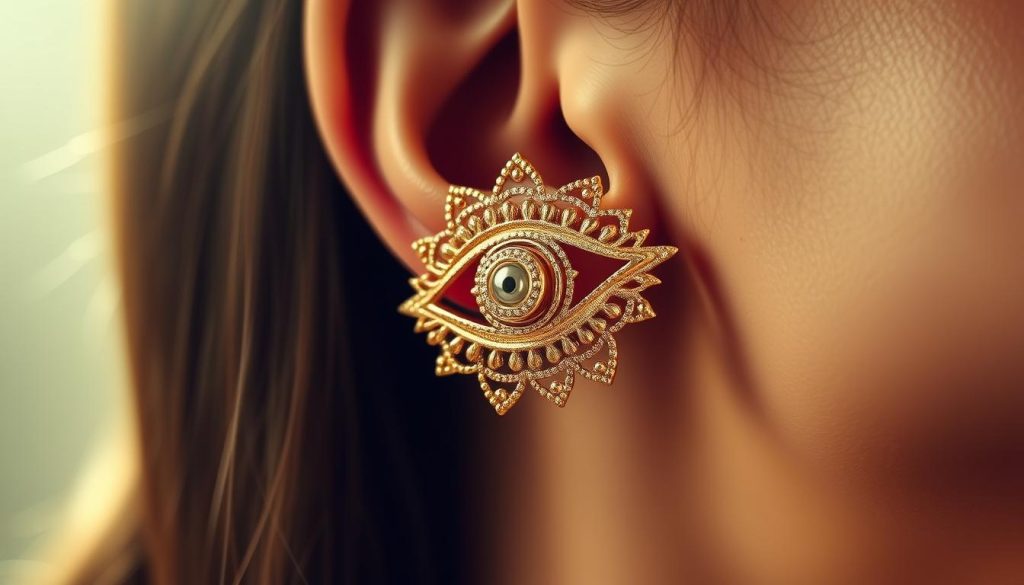A high-fashion, close-up photograph of a delicate ear cuff with a distinct "ojo turco" or "evil eye" design. The cuff is made of shimmering, metallic gold-toned materials, featuring an intricate pattern of overlapping lines, spirals, and dot motifs that capture the striking, symbolic essence of the Turkish evil eye. The cuff is artfully positioned on a model's ear, showcasing its elegant, seamless fit without the need for any piercing. The lighting is soft and diffused, creating a warm, atmospheric ambiance that accentuates the cuff's lustrous finish and sculptural details. The camera angle is slightly elevated, lending a sense of refinement and allure to the composition. A high-fashion, close-up photograph of a delicate ear cuff with a distinct "ojo turco" or "evil eye" design. The cuff is made of shimmering, metallic gold-toned materials, featuring an intricate pattern of overlapping lines, spirals, and dot motifs that capture the striking, symbolic essence of the Turkish evil eye. The cuff is artfully positioned on a model's ear, showcasing its elegant, seamless fit without the need for any piercing. The lighting is soft and diffused, creating a warm, atmospheric ambiance that accentuates the cuff's lustrous finish and sculptural details. The camera angle is slightly elevated, lending a sense of refinement and allure to the composition.