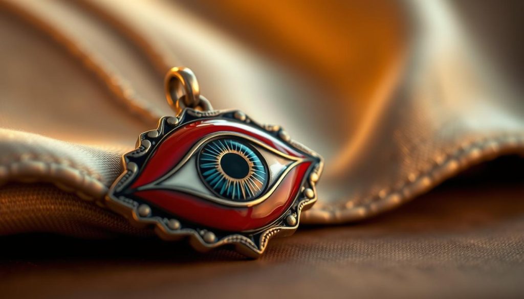 A high-quality, meticulously crafted Turkish eye-shaped pendant with a vibrant, glossy enamel finish, resting on a soft-focus background of luxurious textures. Dramatic lighting casts warm, golden hues, accentuating the pendant's intricate details and captivating color. The composition is carefully balanced, drawing the viewer's eye to the central focal point, conveying a sense of elegance, sophistication, and the superior craftsmanship of this heirloom-quality piece. The overall atmosphere is one of refined beauty, quality, and timeless appeal.