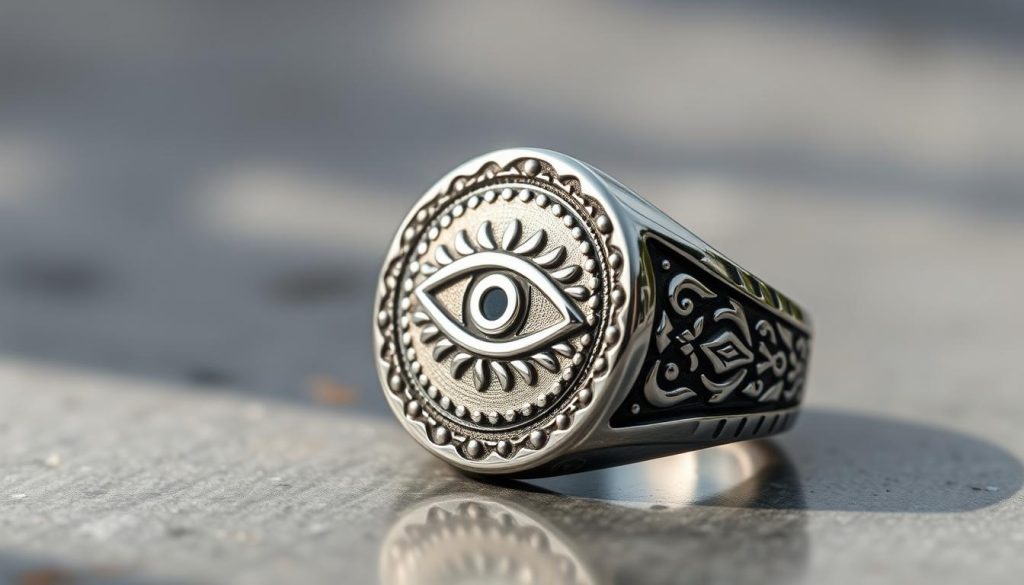 A magnificent 925 sterling silver Turkish eye signet ring, meticulously crafted with intricate engraved patterns and a bold, captivating design. The foreground features the gleaming silver ring, its surface catching the light and reflecting its lustre. The middle ground showcases the striking Turkish eye symbol, a protective talisman evoking a sense of strength and mysticism. The background is a soft, ethereal blur, allowing the ring to take center stage and command attention. The lighting is natural and soft, casting gentle shadows that accentuate the depth and texture of the metal. The overall mood is one of elegance, sophistication, and a touch of the exotic, perfectly capturing the essence of this noble and impeccable Turkish eye signet ring. A magnificent 925 sterling silver Turkish eye signet ring, meticulously crafted with intricate engraved patterns and a bold, captivating design. The foreground features the gleaming silver ring, its surface catching the light and reflecting its lustre. The middle ground showcases the striking Turkish eye symbol, a protective talisman evoking a sense of strength and mysticism. The background is a soft, ethereal blur, allowing the ring to take center stage and command attention. The lighting is natural and soft, casting gentle shadows that accentuate the depth and texture of the metal. The overall mood is one of elegance, sophistication, and a touch of the exotic, perfectly capturing the essence of this noble and impeccable Turkish eye signet ring.