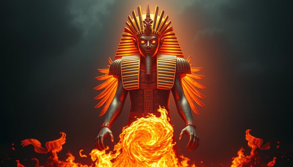 A majestic and powerful Egyptian god stands tall, radiating a protective aura of golden flames. The deity's eyes blaze with a fierce intensity, ready to vanquish any forces of chaos that dare to encroach. In the foreground, intricate hieroglyphic symbols and ancient artifacts adorn the divine figure, conveying a sense of ancient mysticism. The middle ground features a swirling vortex of fiery energy, hinting at the god's ability to harness the destructive power of the elements. Against a backdrop of deep, shadowy hues, the scene evokes a sense of reverence and awe, capturing the essence of "fuerza protectora" - the protective force that safeguards the world from the forces of darkness and disorder.
