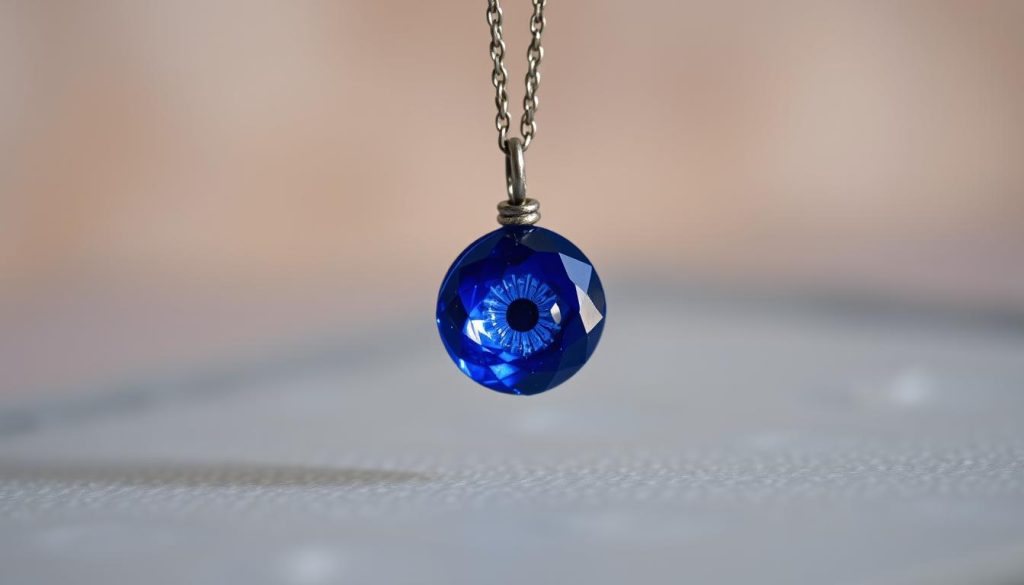 A mesmerizing blue amulet, its surface shimmering with the depth of a sapphire. Suspended against a softly blurred backdrop, the pendant rests gently on a delicate chain, exuding an aura of timeless elegance. Gentle lighting casts subtle shadows, accentuating the intricate details etched into the gemstone's facets. The image radiates a sense of tranquility and protection, inviting the viewer to appreciate the simple beauty and symbolic significance of this captivating Turkish eye talisman.