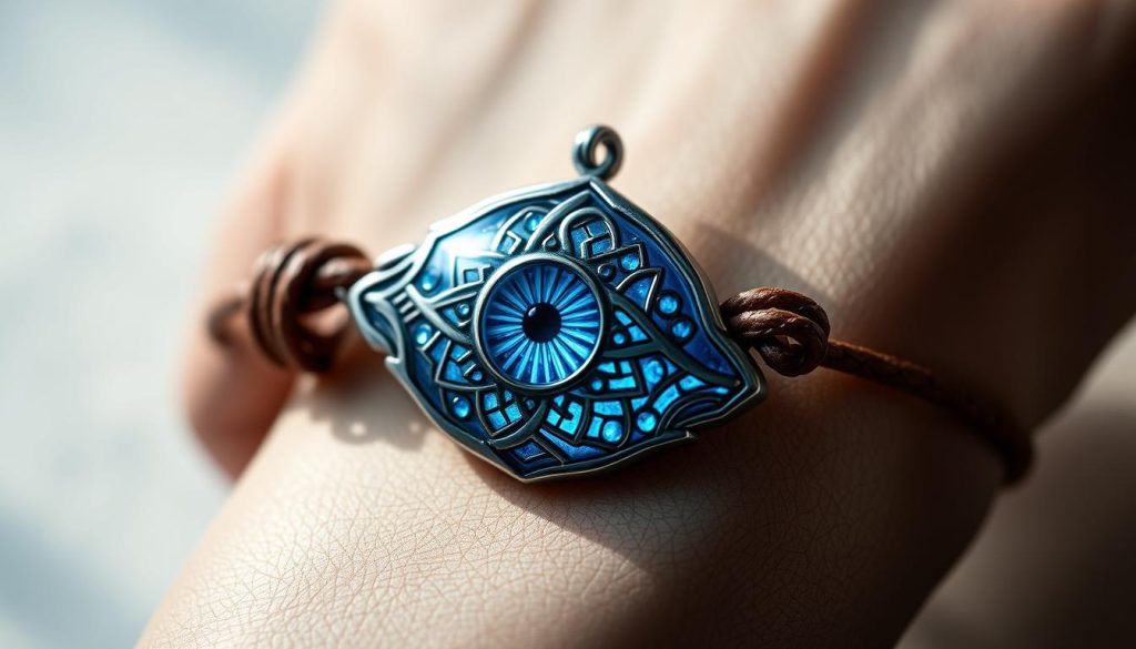 A mesmerizing blue-hued Turkish eye amulet, capturing the essence of elegance and daily protection. Delicately crafted with intricate patterns and shimmering azure tones, the amulet rests gracefully on a wrist adorned with a minimalist leather band. Soft, diffused lighting illuminates the amulet's surface, highlighting its depth and allure. The composition emphasizes the amulet's captivating beauty, set against a subtly blurred background that evokes a sense of tranquility and serenity. This image exudes a refined, sophisticated ambiance, perfectly embodying the concept of "Elegancia azul y protección diaria en tu muñeca".