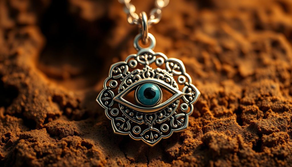 A mesmerizing close-up of a sterling silver necklace charm displaying the hallmark "plata ley 925". The intricate design features delicate filigree patterns and a serene, hypnotic eye motif at the center, symbolizing the protective power of the Turkish evil eye. Bathed in warm, directional lighting that accentuates the lustrous finish and crisp details, the charm appears to float against a subtly textured, earthy background, emanating a sense of timeless, mystical elegance. The overall composition conveys a harmonious blend of tradition, craftsmanship, and soulful artistry.