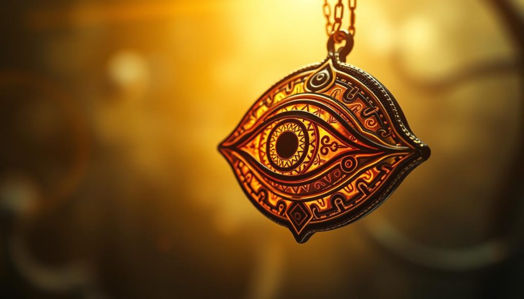 A mesmerizing eye-shaped amulet floats against a mystical backdrop, its surface pulsing with a captivating frequency. The intricate patterns and symbols adorning the amulet glow with an otherworldly energy, hinting at the ancient wisdom and protective powers it possesses. The scene is bathed in a warm, golden light, creating a serene and calming atmosphere. The camera captures the amulet from a slightly elevated angle, allowing the viewer to appreciate its intricate details and the way it seems to emanate a subtle vibrational energy. The overall composition conveys a sense of balance, harmony, and the sacred nature of this powerful talisman.
