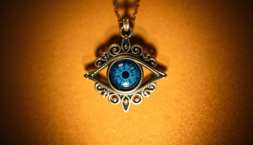 A mesmerizing eye-shaped pendant made of gleaming metal, intricate filigree, and a vibrant blue stone. The eye is set against a backdrop of warm, muted tones, creating a sense of depth and dimension. The lighting is soft and diffused, highlighting the delicate details and casting subtle shadows. The composition is balanced and centered, drawing the viewer's gaze directly to the captivating amulet. The overall mood is one of mysticism, protection, and cultural significance, perfectly capturing the essence of the "ojo protección" or Turkish evil eye jewelry. A mesmerizing eye-shaped pendant made of gleaming metal, intricate filigree, and a vibrant blue stone. The eye is set against a backdrop of warm, muted tones, creating a sense of depth and dimension. The lighting is soft and diffused, highlighting the delicate details and casting subtle shadows. The composition is balanced and centered, drawing the viewer's gaze directly to the captivating amulet. The overall mood is one of mysticism, protection, and cultural significance, perfectly capturing the essence of the "ojo protección" or Turkish evil eye jewelry.