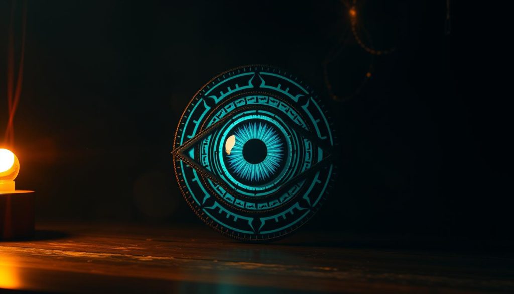A mesmerizing, high-resolution image of a mystical eye symbol, known as the "ojo" or "evil eye". The eye is rendered in a striking blue-green hue, with intricate concentric rings radiating outward, creating a hypnotic, almost otherworldly effect. The eye is set against a dimly lit, moody background, with hints of shadows and subtle highlights that lend it an aura of mystery and depth. The lighting is soft and atmospheric, casting a warm, amber glow that accentuates the eye's captivating presence. The composition places the eye as the central focus, drawing the viewer's attention and conveying a sense of the symbolic and talismanic significance of this ancient protective symbol.