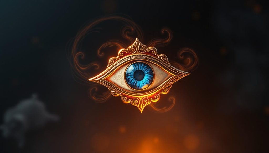 A mesmerizing ojo nazar, an ancient symbol of protection against the evil eye, hovers in the foreground against a dark, mystical backdrop. The ornate, intricate eye is rendered with exquisite detail, its vivid blue and gold tones shimmering under a warm, dramatic lighting. Swirling ethereal patterns and ethereal energy fields surround the captivating amulet, evoking a sense of spiritual power and otherworldly mysticism. The composition is balanced and visually striking, drawing the viewer's gaze towards the captivating central motif. This image captures the rich history and global significance of the ojo nazar, a potent talisman deeply rooted in diverse cultural and religious traditions.