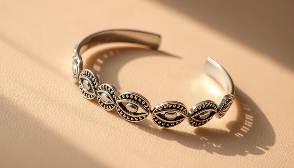 A meticulously crafted silver bracelet with intricate Turkish eye motifs, resting on a soft, neutral-toned surface. The bracelet gleams under warm, diffused lighting, casting gentle shadows that accentuate its elegant curves and intricate detailing. The background is minimal, allowing the bracelet to be the focal point, conveying a sense of timeless sophistication and a secure, trustworthy purchase. The overall composition evokes a feeling of luxurious simplicity, perfectly complementing the article's theme of "Compra segura y combinaciones que elevan tu look". A meticulously crafted silver bracelet with intricate Turkish eye motifs, resting on a soft, neutral-toned surface. The bracelet gleams under warm, diffused lighting, casting gentle shadows that accentuate its elegant curves and intricate detailing. The background is minimal, allowing the bracelet to be the focal point, conveying a sense of timeless sophistication and a secure, trustworthy purchase. The overall composition evokes a feeling of luxurious simplicity, perfectly complementing the article's theme of "Compra segura y combinaciones que elevan tu look".