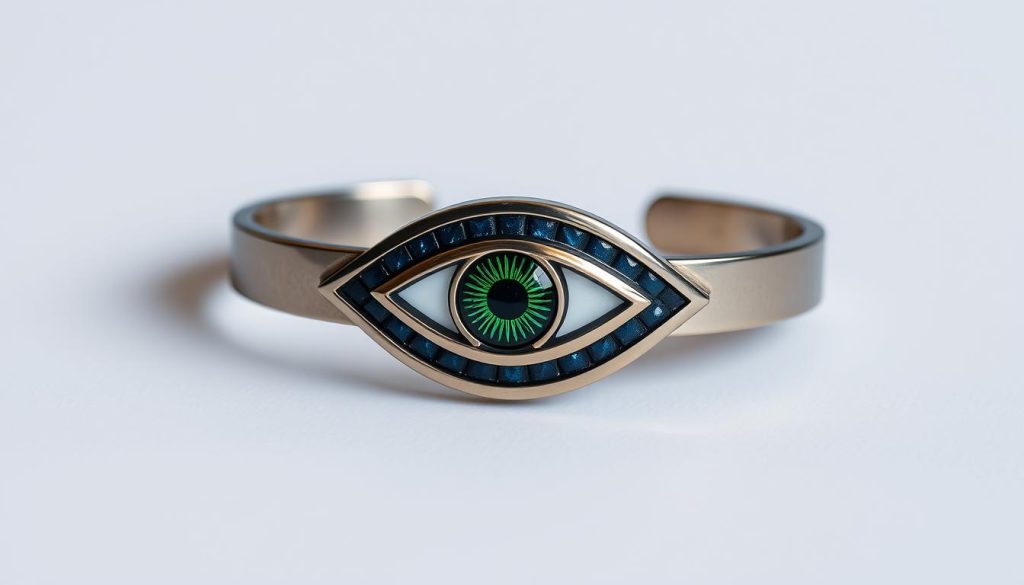 A modern, elegant "ojo turco" bracelet resting on a clean, minimalist background. The bracelet is meticulously crafted, with a sturdy yet sleek metal band and a prominent, vibrant eye-shaped centerpiece in shades of blue, green, and gold. Soft, directional lighting emphasizes the intricate details and mesmerizing, mystical patterns of the eye design. The overall composition conveys a sense of understated sophistication, protection, and a touch of the exotic - a perfect accessory for everyday wear. Photographed at a slight angle to highlight the bracelet's three-dimensional form and captivating symmetry. A modern, elegant "ojo turco" bracelet resting on a clean, minimalist background. The bracelet is meticulously crafted, with a sturdy yet sleek metal band and a prominent, vibrant eye-shaped centerpiece in shades of blue, green, and gold. Soft, directional lighting emphasizes the intricate details and mesmerizing, mystical patterns of the eye design. The overall composition conveys a sense of understated sophistication, protection, and a touch of the exotic - a perfect accessory for everyday wear. Photographed at a slight angle to highlight the bracelet's three-dimensional form and captivating symmetry.