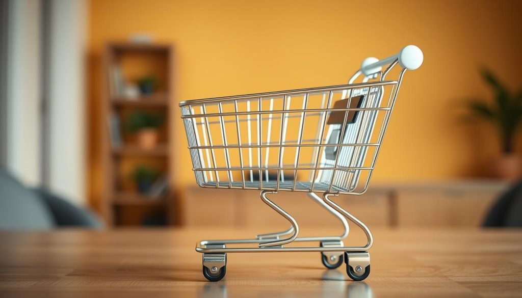 A modern, sleek online shopping cart set against a warm, inviting background. The cart features clean lines, polished metal accents, and a minimalist design that conveys a sense of trust and reliability. The foreground is well-lit, with soft, diffused lighting that highlights the cart's premium quality and attention to detail. The middle ground showcases a subtle gradient or texture, perhaps a wood-grain or brushed metal surface, adding depth and a tactile quality to the scene. The background is blurred, but suggests a warm, cozy environment, like a modern home or workspace, creating a sense of comfort and security. The overall atmosphere is one of sophistication, trustworthiness, and a seamless, stress-free shopping experience.