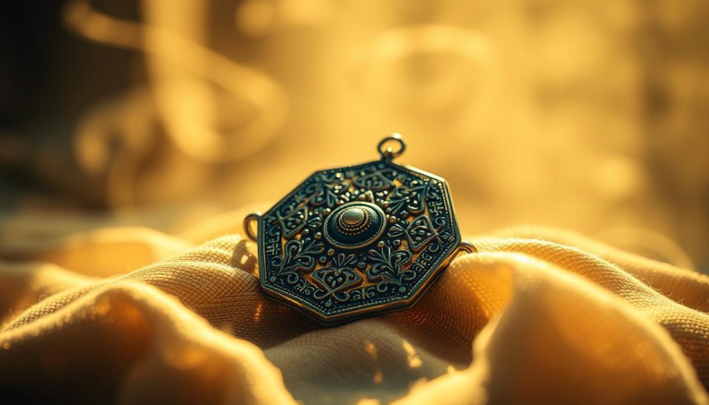 A mystical amulet, a symbol of protection and good fortune, resting on a bed of soft, textured fabric. The intricate metalwork gleams in the warm, natural lighting, casting gentle shadows that accentuate its intricate details. The amulet is the focal point, surrounded by a composition that evokes a sense of calm and reverence. The background is hazy and dreamlike, suggesting a timeless, otherworldly quality, connecting the amulet to a rich cultural heritage. The image conveys a sense of the amulet's power to guard and guide, a cherished gift passed down through generations.