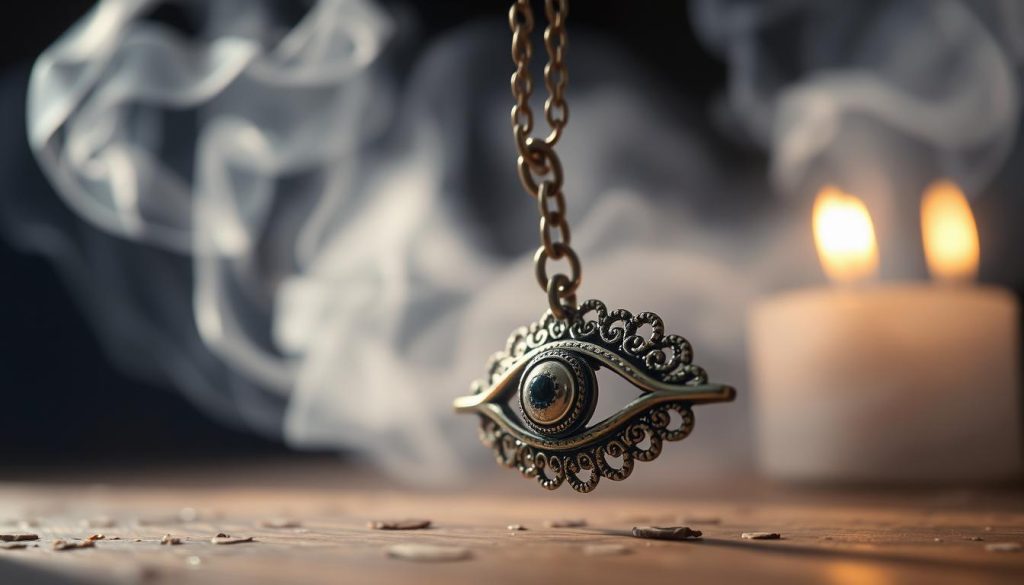 A mystical amulet, an "ojo protector" (protective eye), shimmers with ancient power. In the foreground, the eye-shaped pendant is crafted from gleaming metal, intricate filigree patterns dancing across its surface. Suspended on a delicate chain, it catches the soft, diffused light, imbuing the scene with an otherworldly, reverent atmosphere. The middle ground reveals the amulet's symbolic significance, with subtle wisps of sage or frankincense smoke curling around it, evoking rituals of protection and spiritual cleansing. The background subtly fades into a hazy, dreamlike realm, hinting at the amulet's deep-rooted history and the beliefs that give it power. Captured with a close, intimate lens, the "ojo protector" exudes a sense of ancient mysticism and the enduring human need to ward off harm, inviting the viewer to contemplate the enduring significance of this enduring talisman.