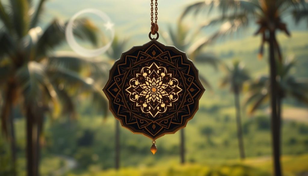 A mystical amulet floats in the foreground, its intricate design radiating a protective energy. In the middle ground, crescent moons and geometric patterns evoke the sacred geometry of Islamic art. The background depicts a lush, verdant landscape with towering palm trees, hinting at the verdant imagery associated with the Quran. Soft, warm lighting bathes the scene, imbuing it with a sense of tranquility and spiritual solace. The overall composition conveys the essence of "mal ojo protección" - the shielding power against the evil eye, as described in the teachings of the Quran.