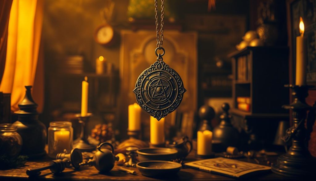 A mystical amulet levitates within a dimly lit, moody interior. Layered with vintage trinkets, talismans, and candles, the scene exudes an air of spirituality and the occult. Warm, amber-toned lighting casts dramatic shadows, creating an atmosphere of mystery and intrigue. In the foreground, the amulet's intricate details and engraved symbols are sharply in focus, drawing the viewer's gaze. The middle ground features a clutter of ritual objects, hinting at the power and significance of the "mal ojo." The background fades into a hazy, atmospheric blur, allowing the central elements to take center stage. An overall sense of the mystical and the unseen permeates the image, capturing the essence of the "Consejos de uso diario: layering, stacking y momentos clave" section.