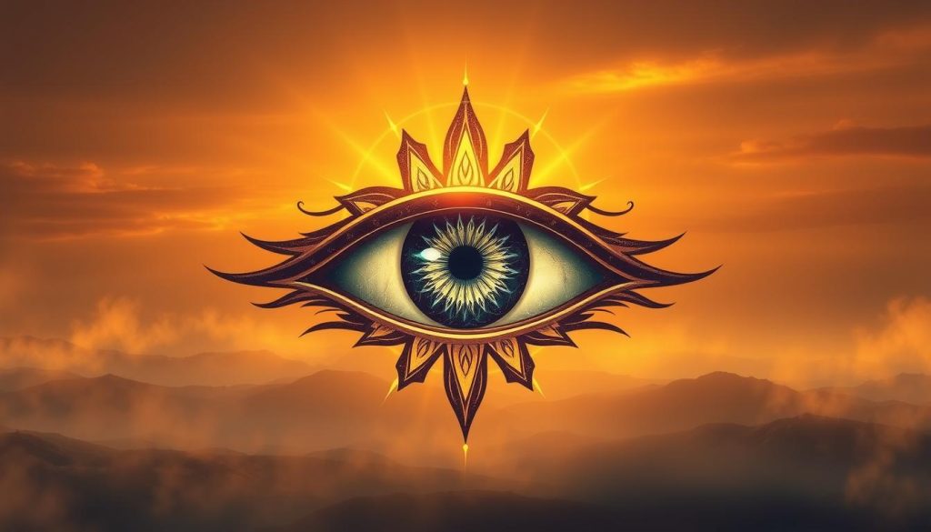 A mystical eye symbol, its gaze radiating a sense of protection and watchfulness. The eye is rendered in a detailed, photorealistic style, with intricate patterns and textures within the iris. The background is a serene, ethereal landscape, bathed in a warm, golden light that casts a peaceful, contemplative atmosphere. The eye is positioned prominently in the center, commanding the viewer's attention, yet integrated seamlessly into the overall scene. Subtle highlights and shadows accentuate the depth and dimensionality of the eye, imbuing it with a sense of power and significance. The overall composition conveys the idea of the "eye that sees all" as a symbol of guardianship and spiritual enlightenment.