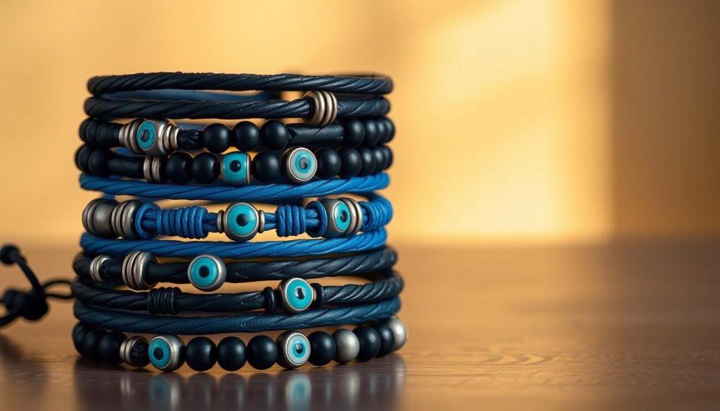 A neatly stacked arrangement of masculine Turkish evil eye bracelets in varying shades of blue, black, and silver tones. The bracelets are positioned in a visually appealing, layered composition against a warm, soft-focus background. Subtle highlights and shadows accentuate the texture and depth of the leather, metal, and beaded materials. The lighting is natural, with a gentle golden hue creating a sophisticated, refined atmosphere. The camera angle is slightly elevated, offering a birds-eye view that showcases the intricate stacking and interplay of the bracelets. An elegant, well-balanced image that perfectly captures the essence of "Capas y combinaciones: cómo apilar sin fallar".