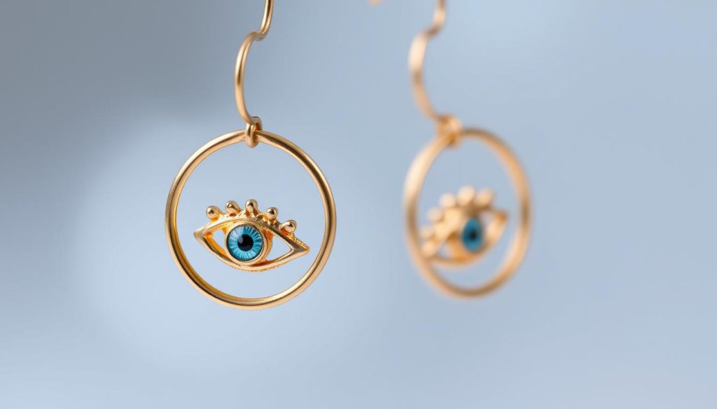 A pair of delicate gold-plated hoop earrings with a captivating Turkish eye charm in the center. The earrings are suspended from thin, polished metal hoops that catch the light, creating a mesmerizing visual effect. The eye charm, crafted with intricate detail, is centered within the hoop, its piercing gaze drawing the viewer in. The earrings are set against a softly blurred, ethereal background, allowing the craftsmanship and symbolism of the Turkish eye to take center stage. Captured with a close, focused lens to highlight the intricate textures and the elegant, minimalist design of these captivating pendientes aro.