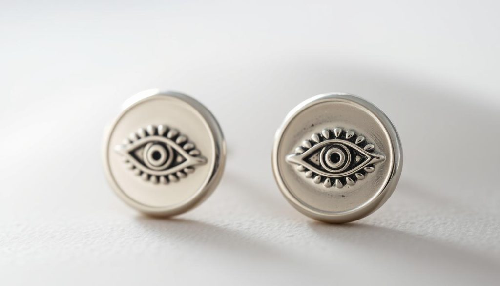 A pair of delicate silver button earrings, the focal point a subtle eye design. The eyes are rendered in an intricate filigree pattern, capturing the essence of Turkish craftsmanship. The earrings are photographed against a soft, diffused background, creating a serene, understated atmosphere. Gentle, indirect lighting highlights the earrings' elegant silhouette and the luminous sheen of the silver. The overall aesthetic conveys a sense of refined, everyday sophistication - a protective talisman that seamlessly blends with one's personal style.