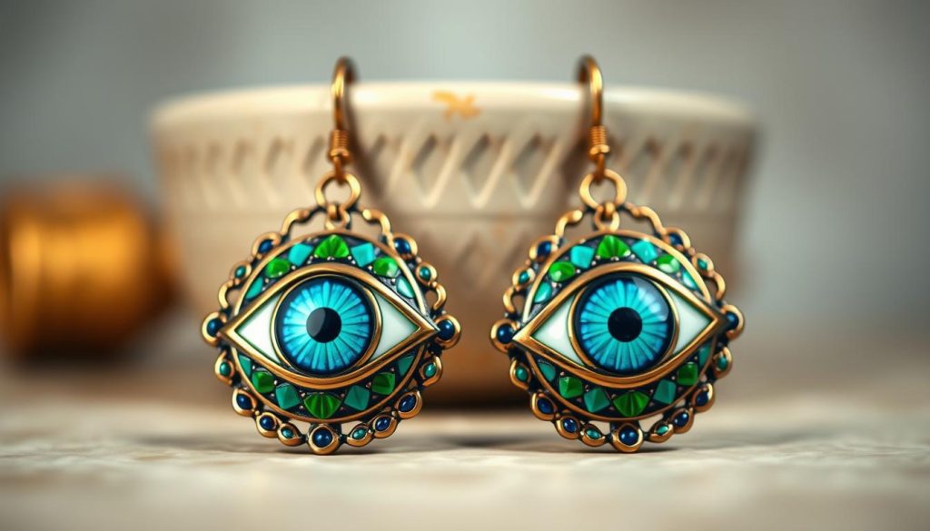 A pair of intricately crafted "pendientes ojo turco" (Turkish eye earrings) against a softly blurred background. The earrings feature a vibrant, enameled design in shades of blue, green, and gold, capturing the essence of protection and style. The foreground showcases the earrings' intricate details, with delicate metalwork framing the captivating eye-shaped motif. Lighting is gentle and diffused, creating a warm, inviting atmosphere. The middle ground subtly hints at a neutral, minimalist setting, allowing the earrings to take center stage. This image conveys the elegance and versatility of these traditional, enamel-embellished Turkish eye earrings.