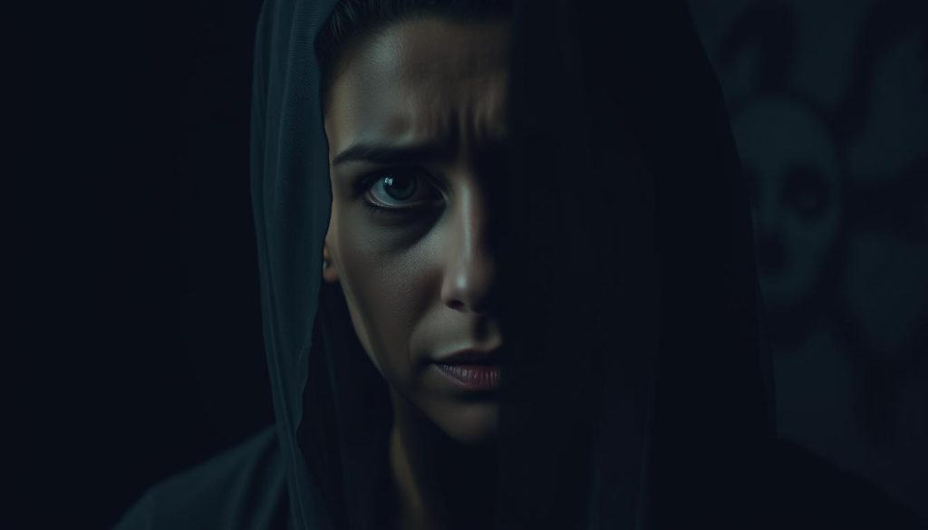 A pensive woman with a troubled expression, her face framed by a dark, hazy veil, symbolizing the psychological weight of stress and negative mental influences. In the middle ground, a pair of piercing eyes emerge from the shadows, evoking the unseen forces of superstition and suggestion. The background is a dimly lit, ambiguous space, creating an atmosphere of uncertainty and unease. Soft, dramatic lighting casts dramatic shadows, enhancing the moody, introspective tone. The overall scene conveys the complex interplay between the psychological and the supernatural, hinting at the multifaceted nature of "mal ojo".