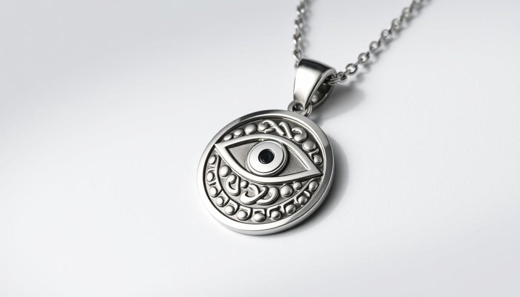 A polished, gleaming stainless steel necklace pendant, crafted with precision and elegance. The intricate Nazar design is meticulously engraved, capturing the essence of protection and warding off the evil eye. Soft, indirect lighting illuminates the pendant, highlighting its lustrous finish and the depth of the intricate metalwork. The pendant is photographed against a plain, neutral background, allowing the jewelry to be the focal point. The overall image conveys a sense of quality, durability, and timeless style - perfectly suited to showcase the enduring appeal and craftsmanship of a Nazar collar.