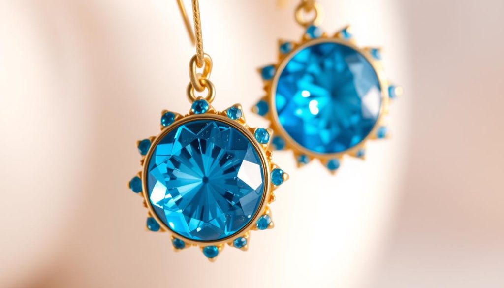 A radiant pair of Turkish evil eye earrings, meticulously crafted with sparkling circonite stones. The mesmerizing cerulean hues of the central gemstones catch the light, casting a captivating glow. The earrings are suspended against a softly blurred, pastel-toned background, emphasizing their alluring presence. Delicate golden settings frame the stones, adding an elegant touch. The composition is balanced, with the earrings taking center stage, inviting the viewer to admire their captivating shimmer and symbolic power. Soft, diffused lighting enhances the earrings' depth and dimensionality, creating an atmospheric, almost ethereal quality.