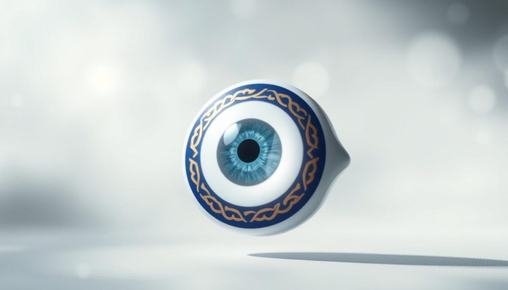 A serene and ethereal depiction of a traditional Turkish evil eye amulet. In the foreground, a large, luminous white eye with intricate blue and gold concentric rings floats against a hazy, dreamlike background. The eye emanates an aura of tranquility and clarity, its gaze calm and penetrating. Soft, diffused lighting casts gentle shadows, creating a sense of depth and dimension. The composition is balanced and centered, evoking a sense of focus and contemplation. The overall mood is one of peace, protection, and spiritual enlightenment.
