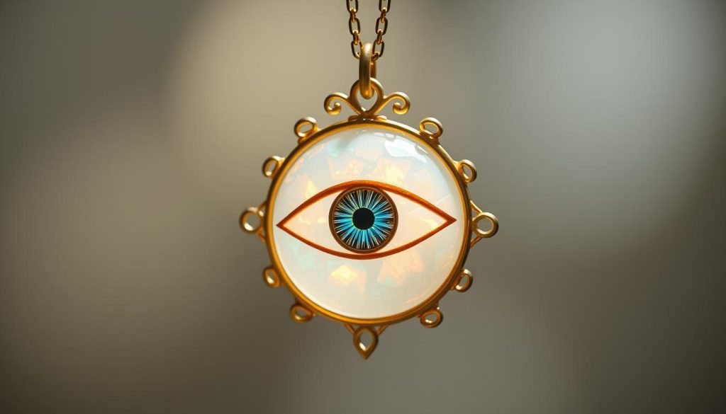 A serene and tranquil Turkish eye talisman, encapsulated in a mesmerizing opal stone. Soft, diffused lighting bathes the pendant in an ethereal glow, evoking a sense of mystical protection. The eye's iris is rendered with intricate detail, radiating an unwavering vigilance. Delicate golden filigree frames the opal, complementing its natural fire-like iridescence. The pendant hangs gracefully on a fine chain, as if suspended in a dreamlike state. This enchanting amulet exudes a soothing, meditative energy, a daily reminder of the sacred power of the Turkish eye to guard and guide the wearer.