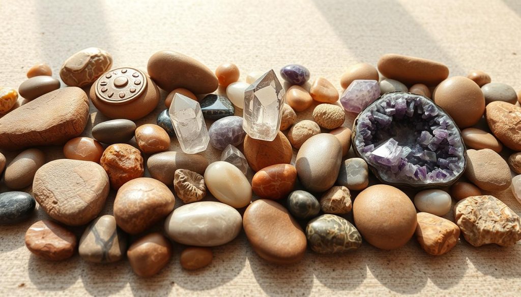 A serene arrangement of natural stones in earthy hues, each infused with a unique vibrational energy. The foreground features a collection of smooth river rocks, their surfaces polished to a lustrous sheen, arrayed in a harmonious composition. Interspersed amongst them are quartz crystals and amethyst geodes, their subtle colors and geometric forms creating a mesmerizing contrast. The middle ground showcases a scattering of tumbled healing stones, their shapes and hues complementing the central cluster. In the background, a soft, diffused lighting illuminates the scene, casting gentle shadows and creating an atmosphere of tranquility and introspection. The overall effect is one of grounded, calming energies that invite the viewer to pause and connect with the restorative power of nature. A serene arrangement of natural stones in earthy hues, each infused with a unique vibrational energy. The foreground features a collection of smooth river rocks, their surfaces polished to a lustrous sheen, arrayed in a harmonious composition. Interspersed amongst them are quartz crystals and amethyst geodes, their subtle colors and geometric forms creating a mesmerizing contrast. The middle ground showcases a scattering of tumbled healing stones, their shapes and hues complementing the central cluster. In the background, a soft, diffused lighting illuminates the scene, casting gentle shadows and creating an atmosphere of tranquility and introspection. The overall effect is one of grounded, calming energies that invite the viewer to pause and connect with the restorative power of nature.
