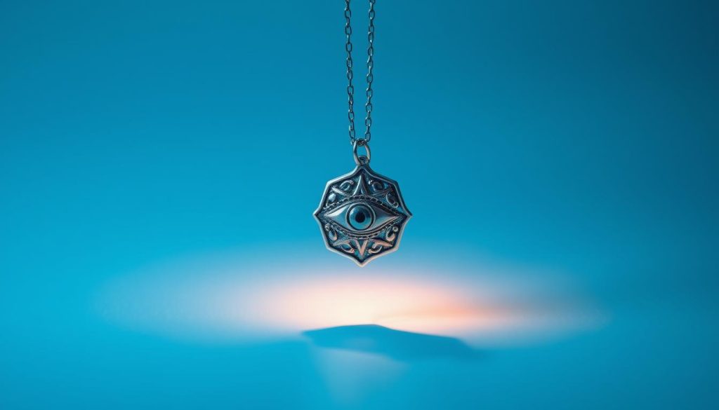 A serene azure backdrop with a chic silver amulet suspended in the foreground, casting a soft, alluring glow. The pendant is adorned with intricate Turkish eye motifs, conveying a sense of protection and daily elegance. Subtle ambient lighting accentuates the metallic sheen, creating a dreamlike, captivating atmosphere. The composition is balanced, with the amulet positioned to draw the viewer's attention, yet subtly integrated into the overall serene aesthetic. Clean, minimalist styling emphasizes the timeless beauty and versatility of this essential accessory. A serene azure backdrop with a chic silver amulet suspended in the foreground, casting a soft, alluring glow. The pendant is adorned with intricate Turkish eye motifs, conveying a sense of protection and daily elegance. Subtle ambient lighting accentuates the metallic sheen, creating a dreamlike, captivating atmosphere. The composition is balanced, with the amulet positioned to draw the viewer's attention, yet subtly integrated into the overall serene aesthetic. Clean, minimalist styling emphasizes the timeless beauty and versatility of this essential accessory.