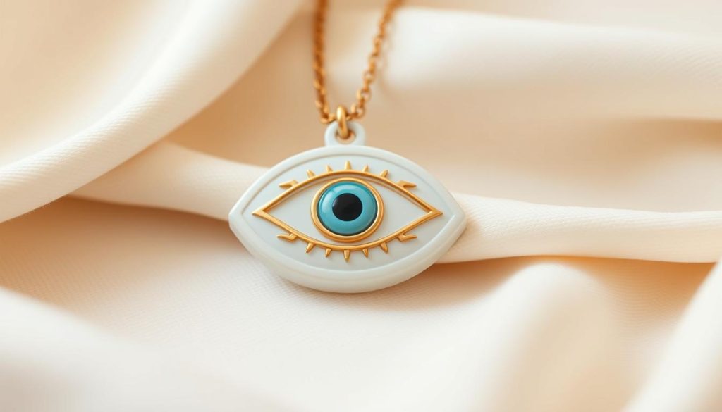A serene, close-up photograph of a white Turkish eye amulet necklace, resting on a soft, cream-colored surface. The amulet's design is minimalist and elegant, with intricate details in shades of blue and gold that exude a sense of timeless craftsmanship and cultural significance. The lighting is soft and diffused, creating a warm, inviting atmosphere that emphasizes the amulet's protective qualities. The composition is centered, allowing the viewer to focus on the amulet's captivating design and the sense of comfort and confidence it evokes. The overall image conveys a feeling of security, tradition, and the enduring power of the Turkish eye symbol. A serene, close-up photograph of a white Turkish eye amulet necklace, resting on a soft, cream-colored surface. The amulet's design is minimalist and elegant, with intricate details in shades of blue and gold that exude a sense of timeless craftsmanship and cultural significance. The lighting is soft and diffused, creating a warm, inviting atmosphere that emphasizes the amulet's protective qualities. The composition is centered, allowing the viewer to focus on the amulet's captivating design and the sense of comfort and confidence it evokes. The overall image conveys a feeling of security, tradition, and the enduring power of the Turkish eye symbol.